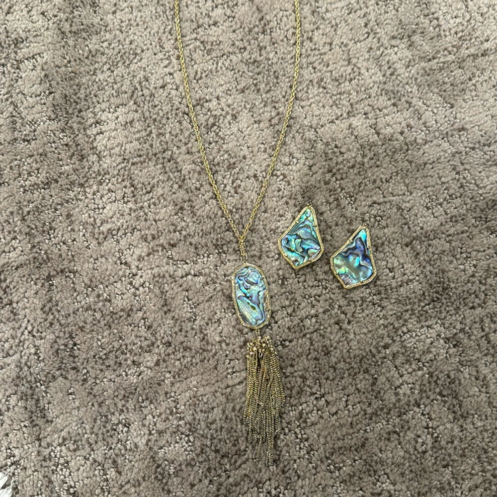 Kendra Scott necklace and earrings in abalone stone